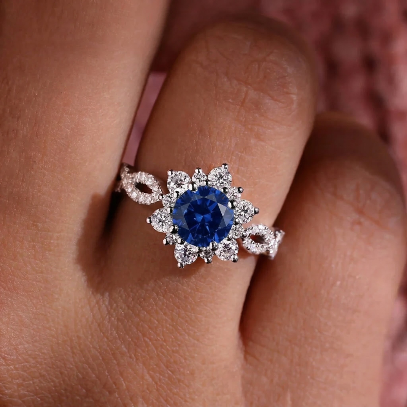 Kristall Saphir Blume Ring | Weißgold