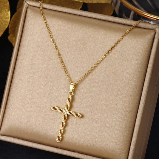 Kristall Drehung Kreuz-Halskette | Gold