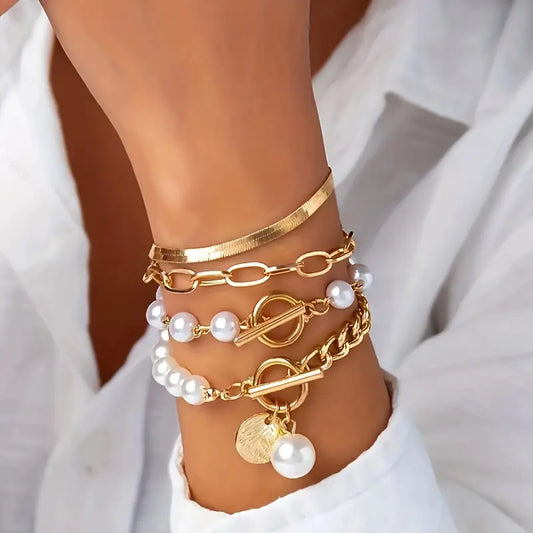 Schick Gold 4-teilig Armband-Set - Schlange, Perlen & Kettenglieder | Gold