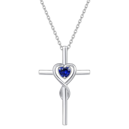 Saphir Herz Stein Kreuz-Halskette | Weißgold