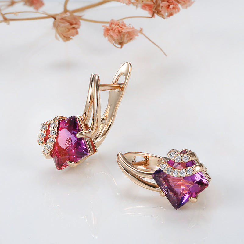 Karmesinrot Quadratisch Kristall-Ohrringe | Rosegold